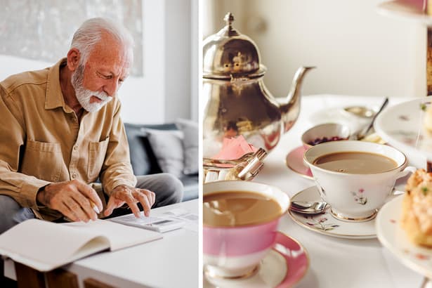 Senior looks at documents, tea table-setting A senior man reviews documents on a table; a table is set for afternoon tea.