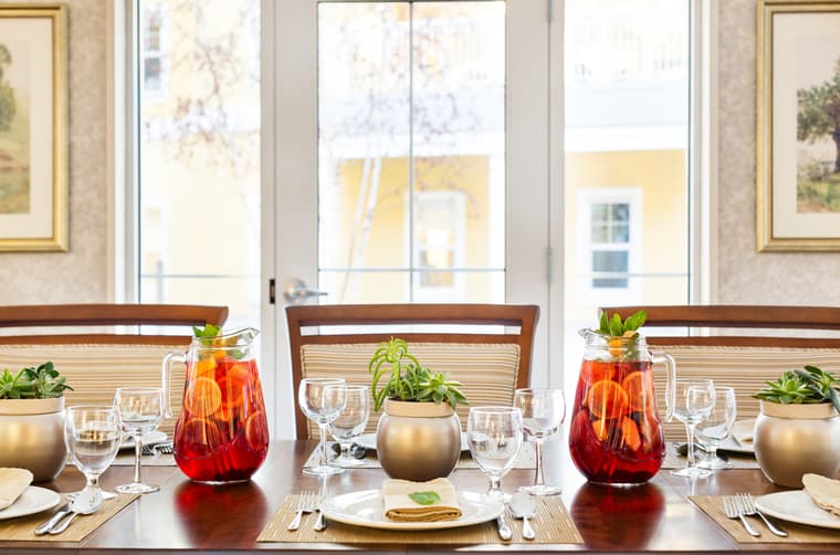 On The Gorge Private Dining with Sangria Private dining area at Amica On the Gorge senior living residence.