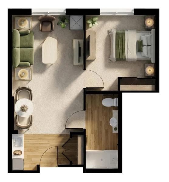 Enhanced Assisted Living one-bedroom floorplan - Aurora Promenade An enhanced Assisted Living one-bedroom floorplan (suite 314, 657 sq. ft.) for Aurora Promenade