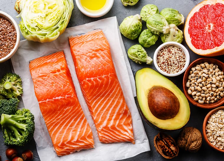 National Event Food for Thought! Brain Food for Brain Health Homepage Healthy food for brain health flatlay including salmon, avacados, grapefruit, brussel sprouts and more